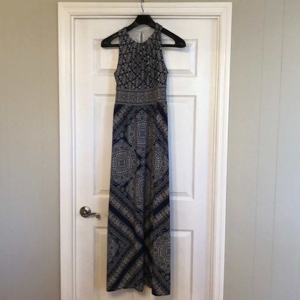 Navy and tan maxi dress